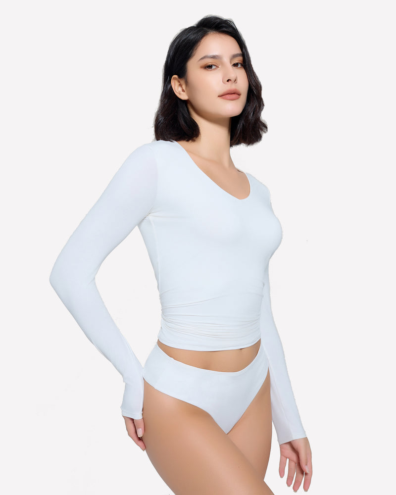 Long-sleeve sweetheart neck top and panties set, light blue-white, side view