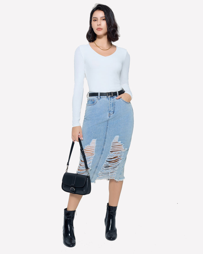 Long-sleeve sweetheart neck top, light blue, worn under a denim skirt