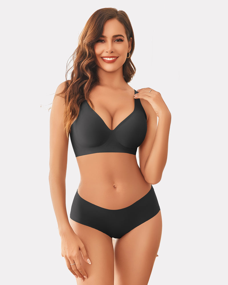 Black wireless push-up full-coverage bra with deep V neckline and smooth molded cups