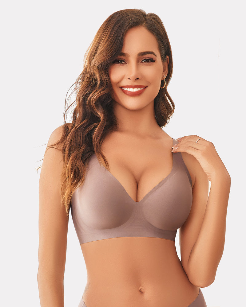 Lilac wireless push-up full-coverage bra with V neckline and smooth molded cups