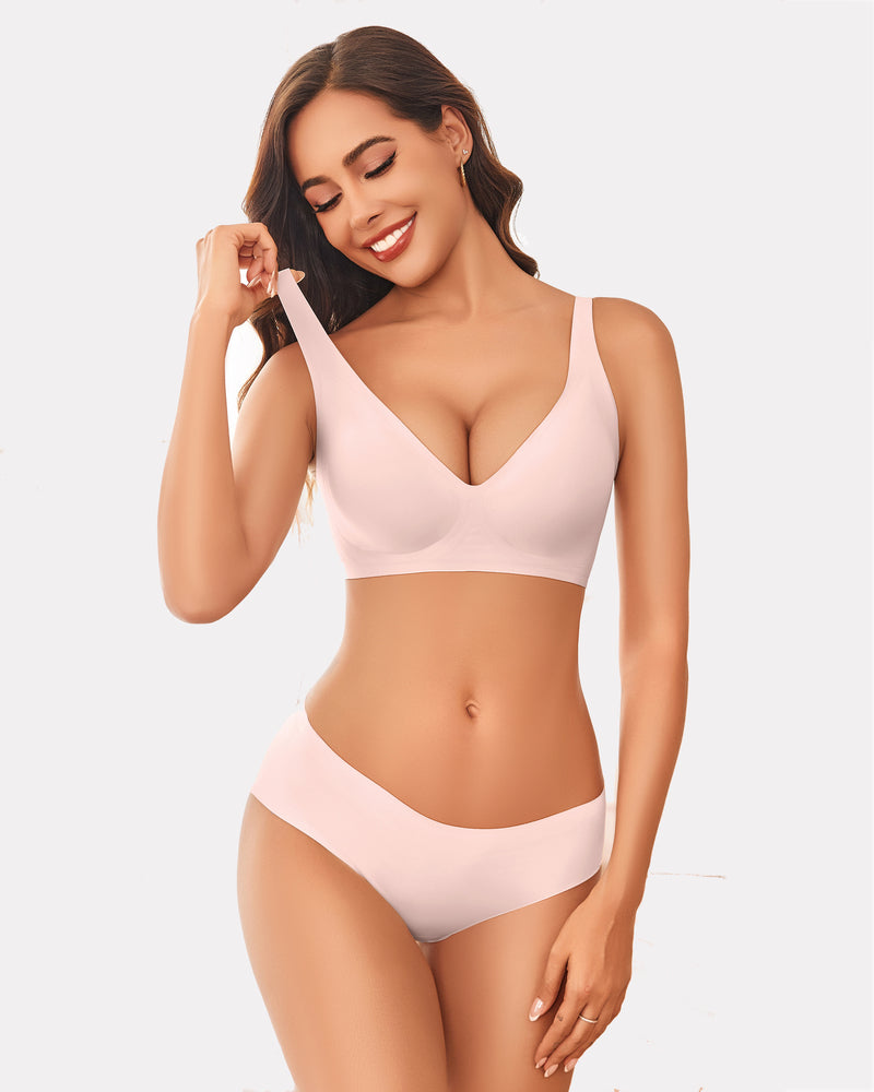 Light pink wireless push-up full-coverage bra with V neckline and smooth molded cups
