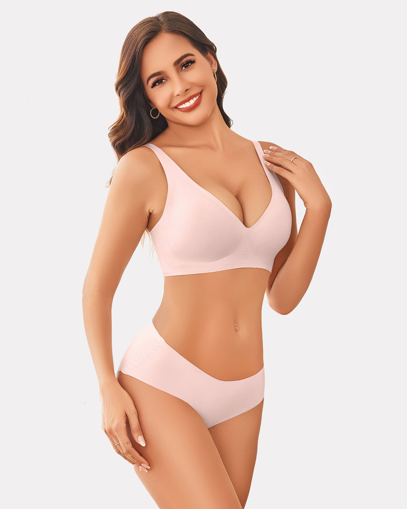 Light pink wireless push-up bra with V neckline, molded cups, and smooth band