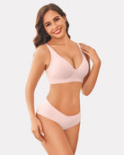 Light pink wireless push-up bra with V neckline, molded cups, and smooth band