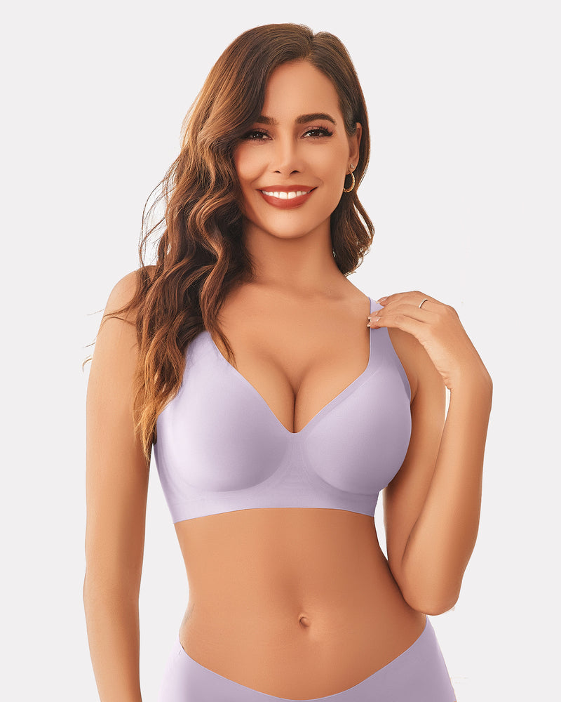 Lilac wireless push-up full-coverage bra with V neckline and smooth molded cups