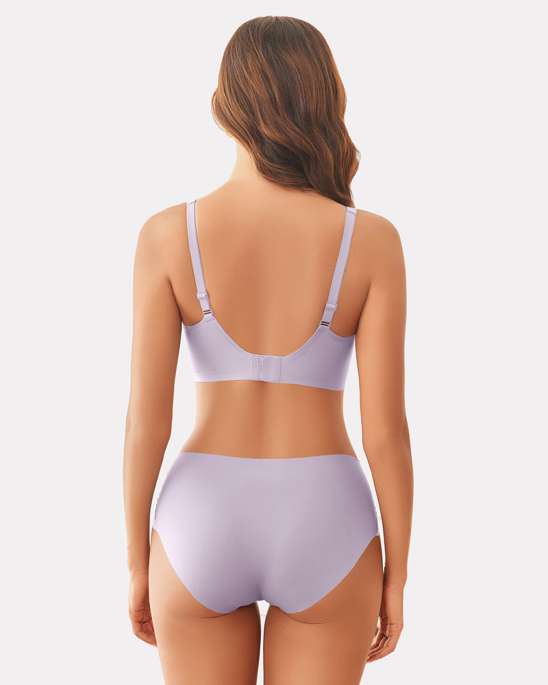 Lilac wireless push-up full-coverage bra, back view with adjustable straps