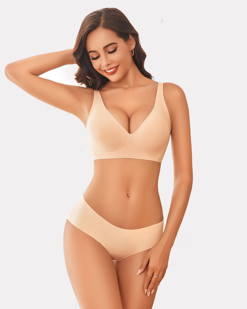Beige wireless push-up full-coverage bra with V neckline and smooth molded cups