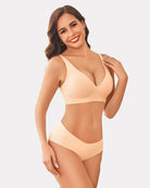 Beige wireless full-coverage push-up bra with V-neck, smooth molded cups