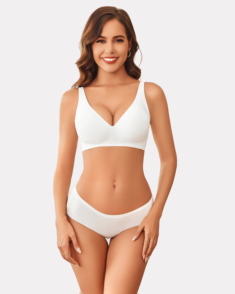 White wireless push-up bra with V-neck, full-coverage molded cups