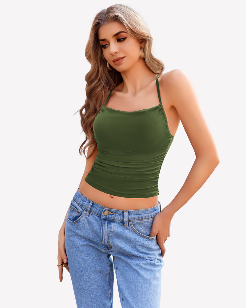 Ruched camisole top with thin spaghetti straps, green color front view