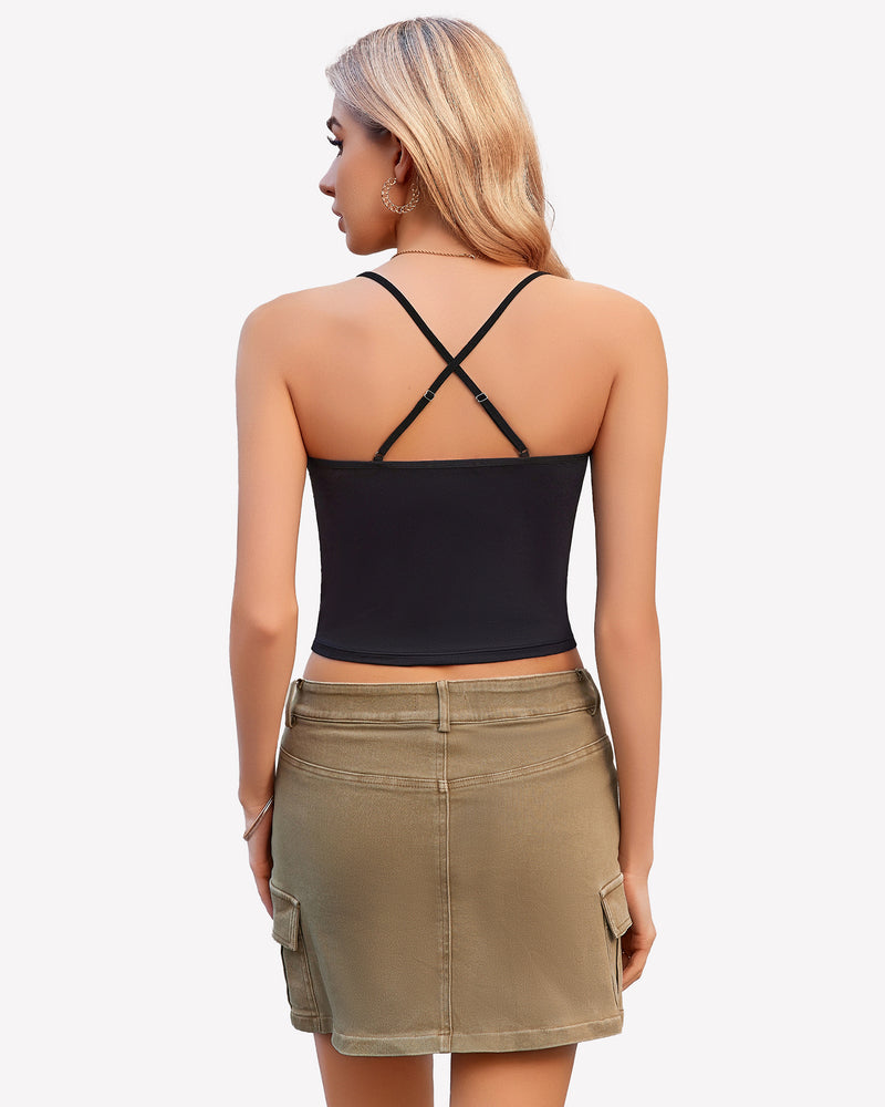 Ruched camisole top with crisscross back straps, dark color back view