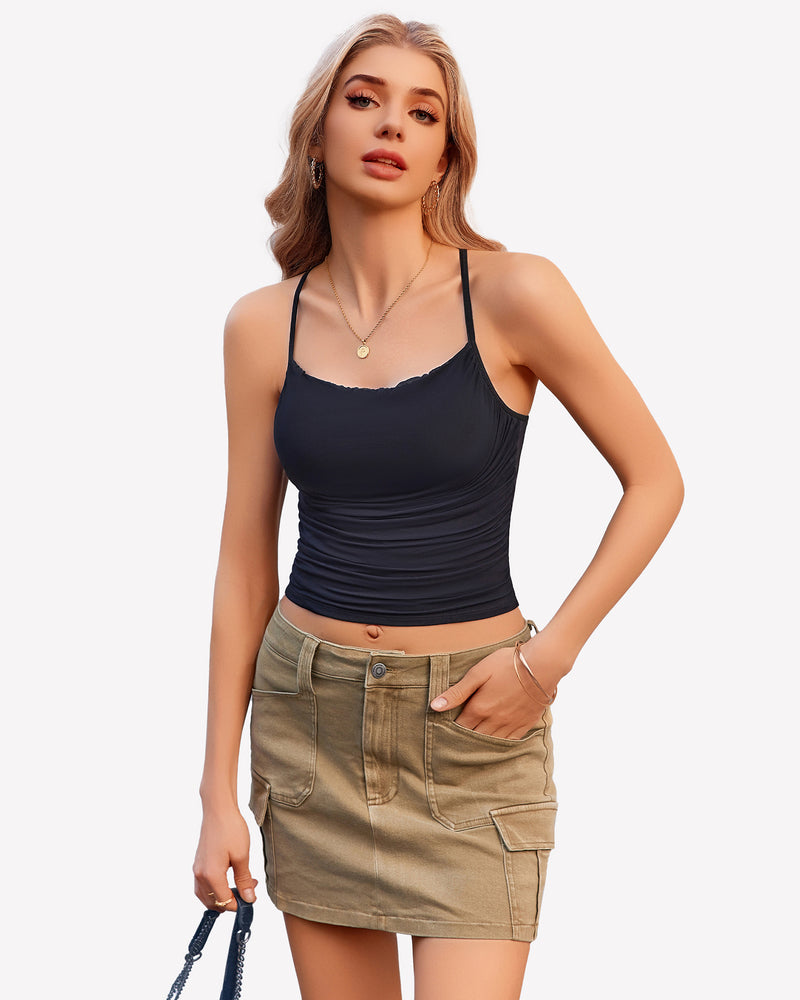 Ruched camisole top with thin spaghetti straps, dark color front view