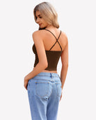 Ruched camisole top with crisscross back straps, brown color back view