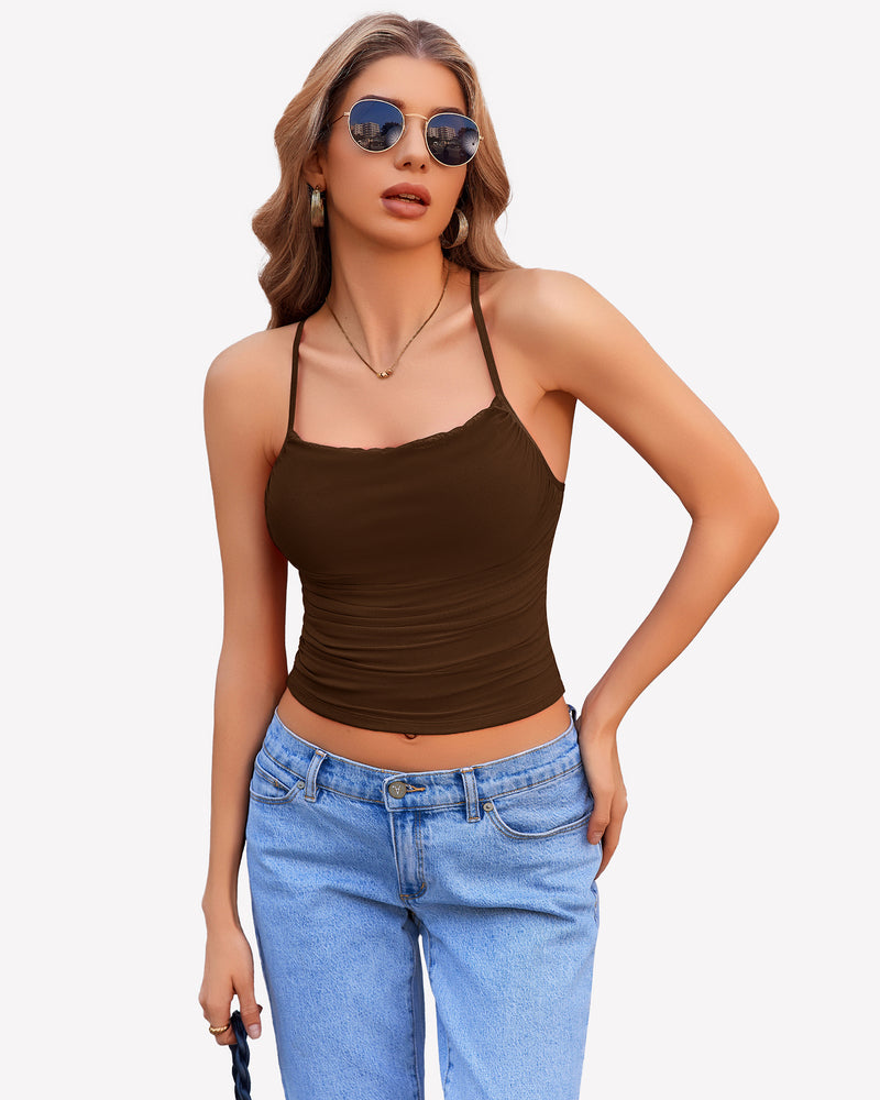Ruched camisole top with thin spaghetti straps, brown color front view