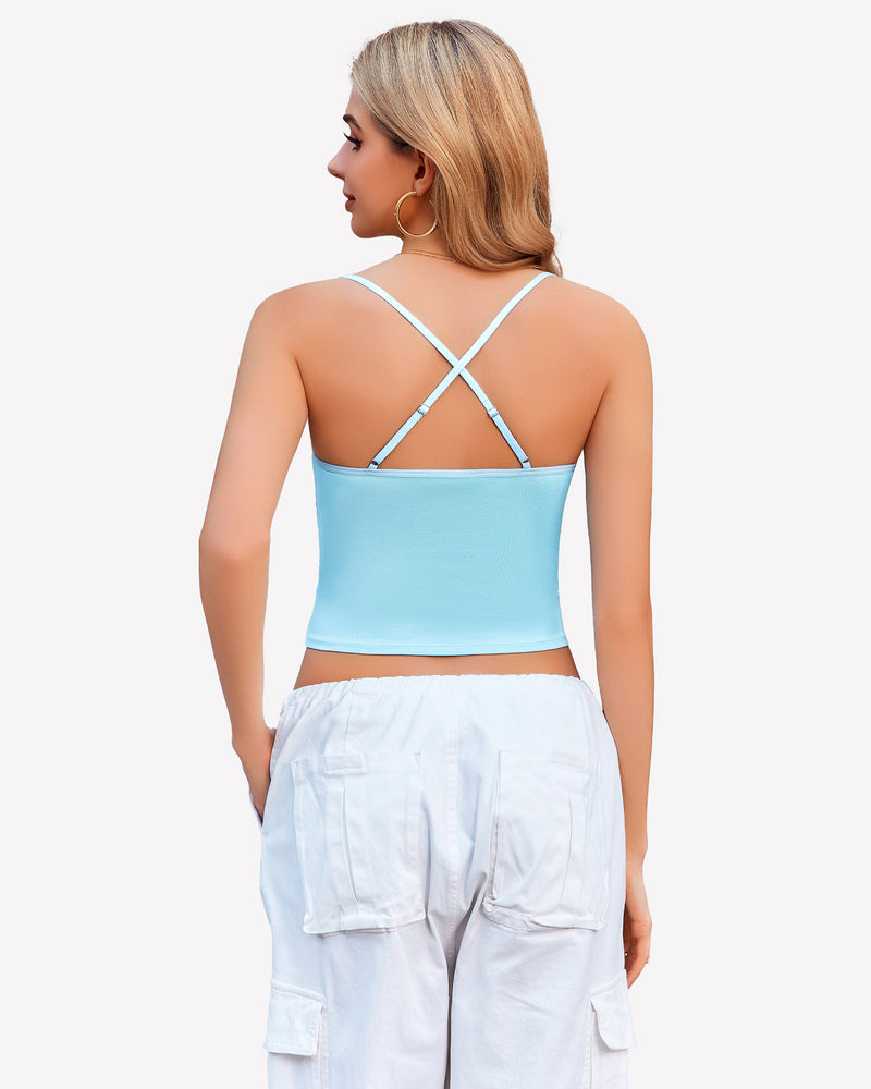 Ruched camisole top with crisscross back straps, light blue color back view