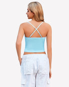Ruched camisole top with crisscross back straps, light blue color back view