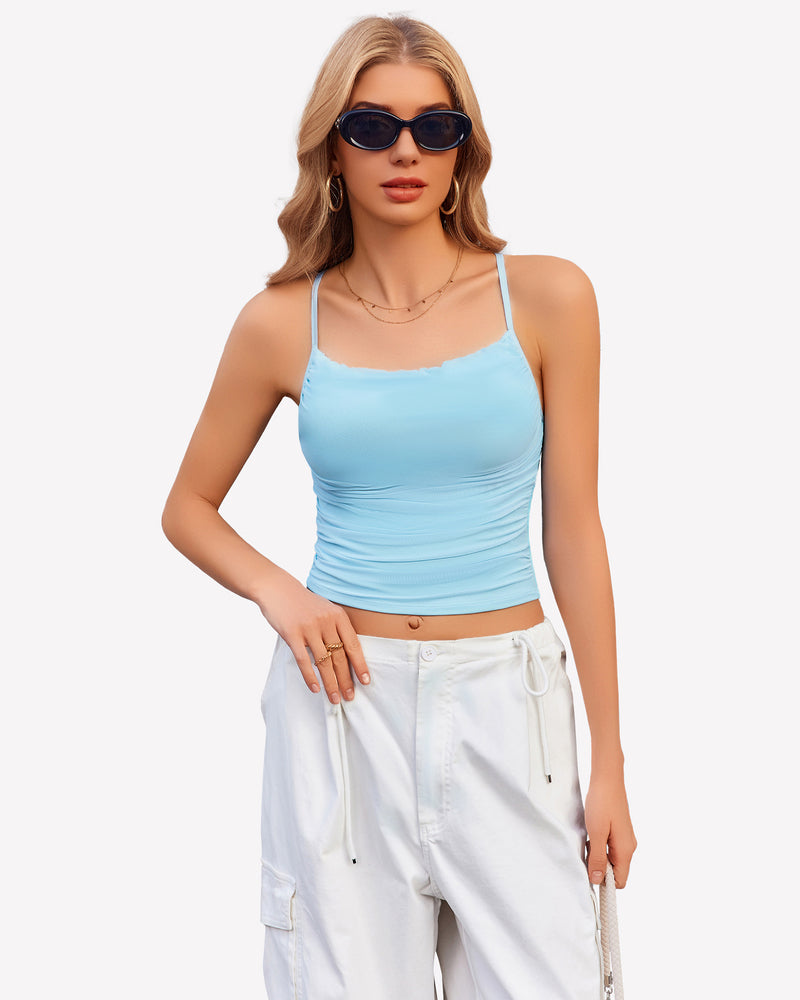 Ruched camisole top with thin spaghetti straps, light blue color front view