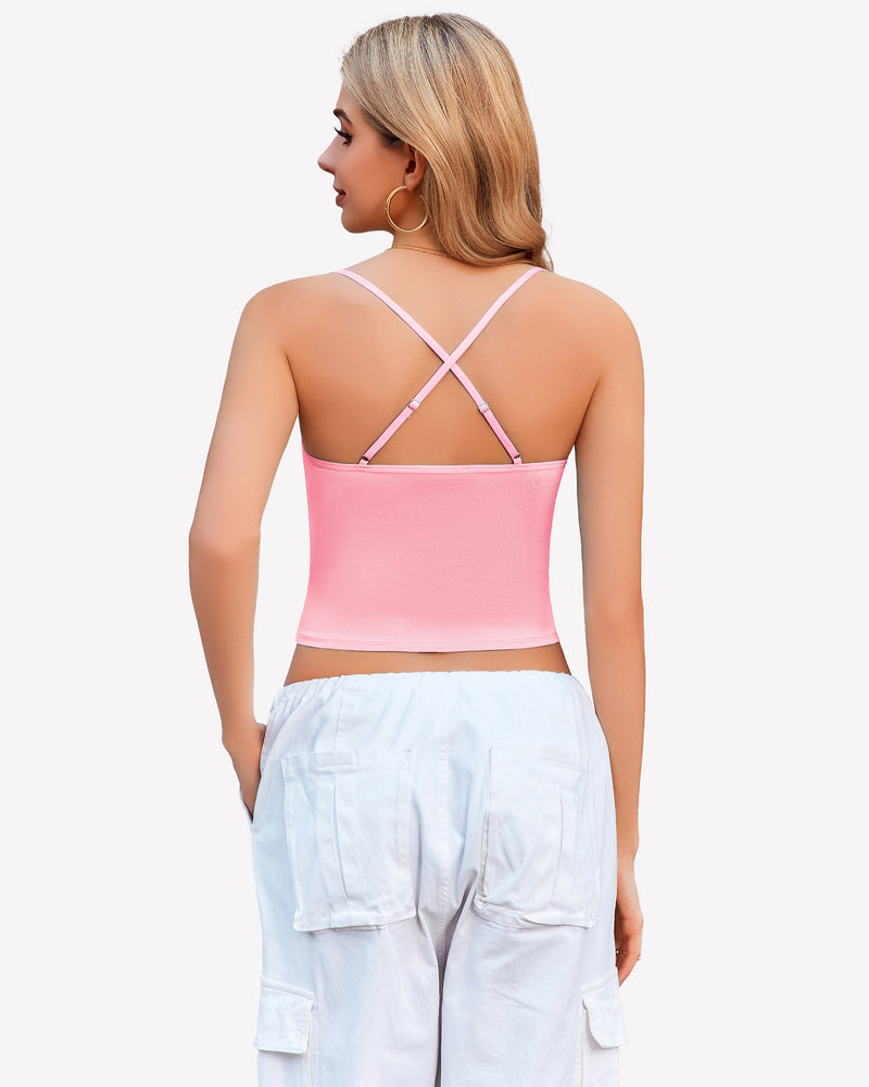Ruched camisole top with crisscross back straps, pink color back view