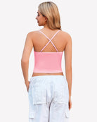 Ruched camisole top with crisscross back straps, pink color back view