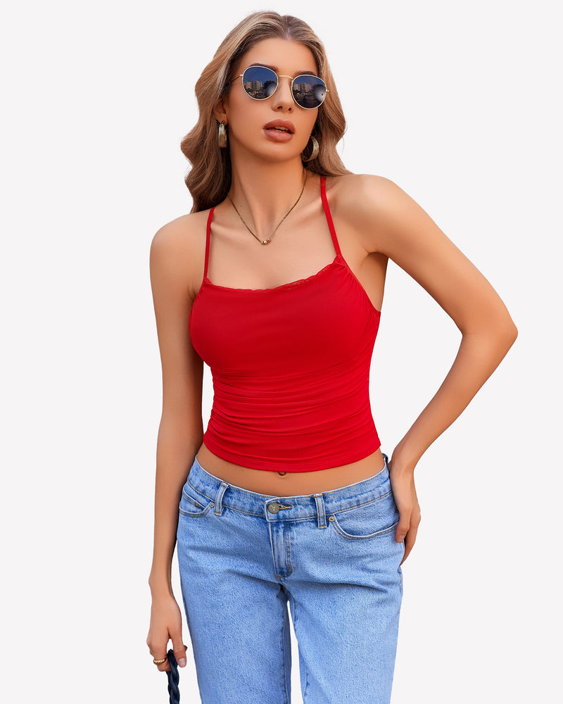 Red ruched cowl-neck camisole top with thin spaghetti straps