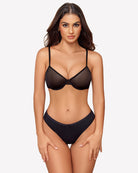 Black sheer mesh underwire bra with underwire cups and adjustable spaghetti straps