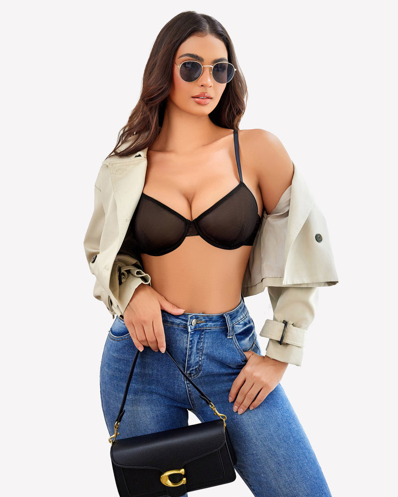 Black sheer mesh underwire bra with adjustable thin straps and seamed cups