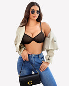 Black sheer mesh underwire bra with adjustable thin straps and seamed cups