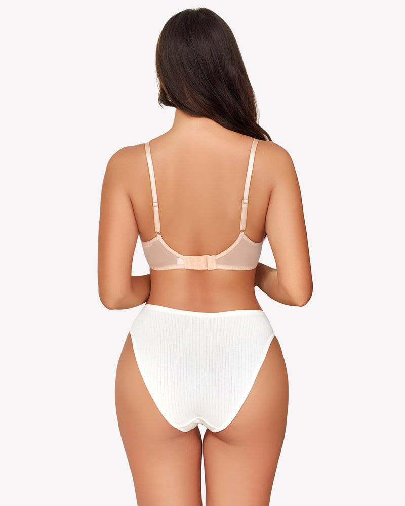 Sheer mesh underwire bra back view in light nude with adjustable straps and center band