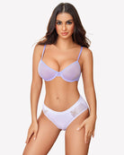 Sheer mesh underwire bra in light purple with adjustable straps and soft underwire cups
