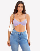 Sheer mesh underwire bra in light purple with underwire cups and thin adjustable straps