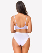 Sheer mesh underwire bra back view in light purple with adjustable straps and rear band