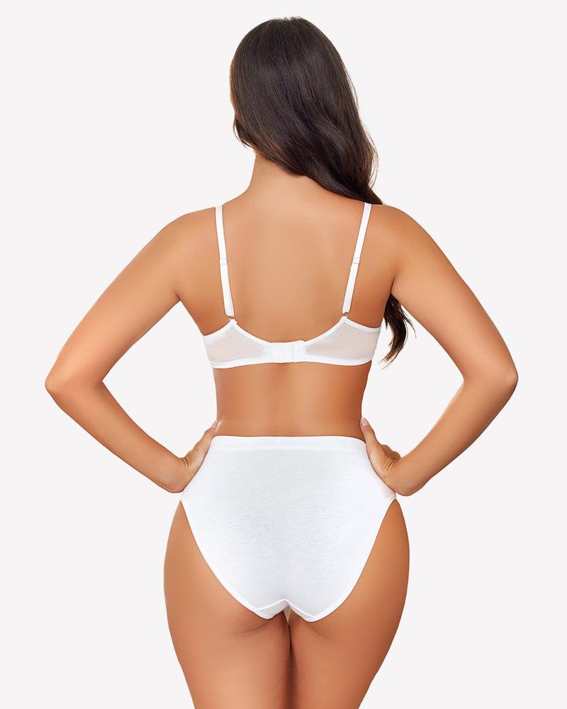 Sheer mesh unlined underwire bra, white, back view with adjustable straps