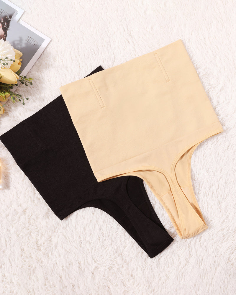 Two-tone tummy-control thong shapewear, beige front panel and black side panels