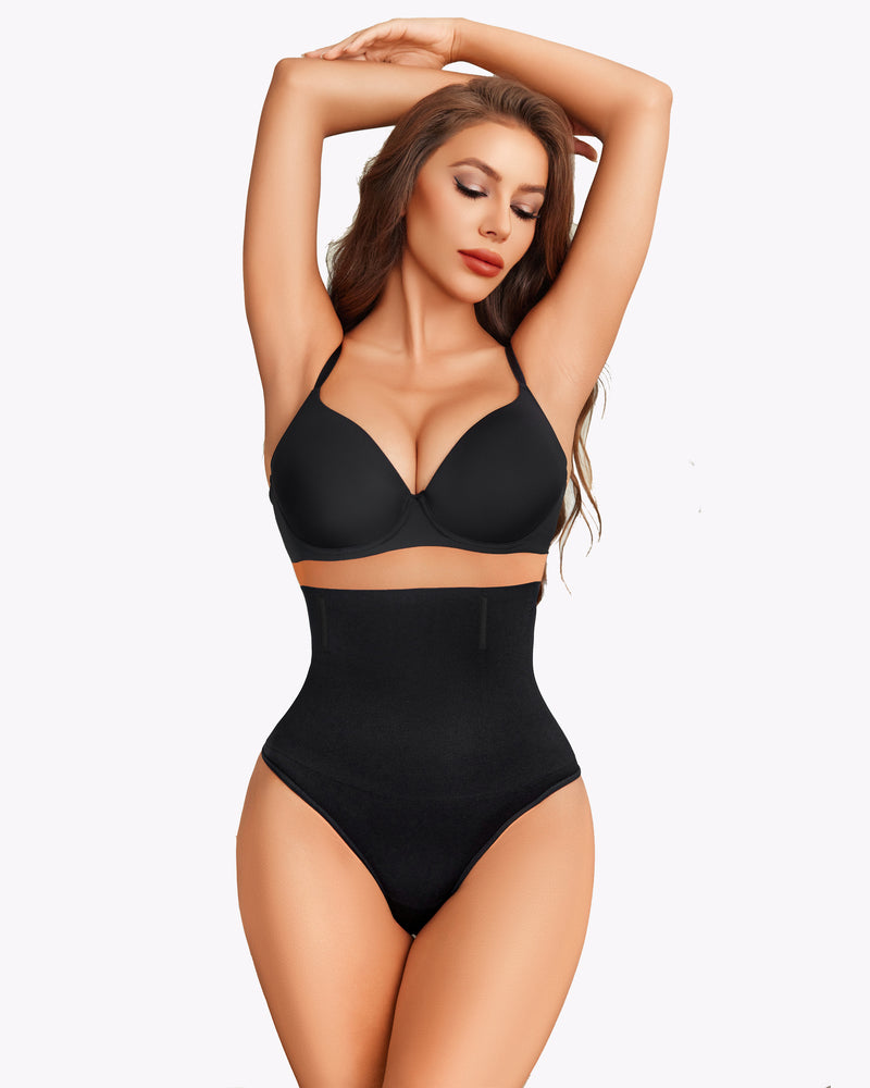 Black tummy control thong shapewear with high-waist shaping panel
