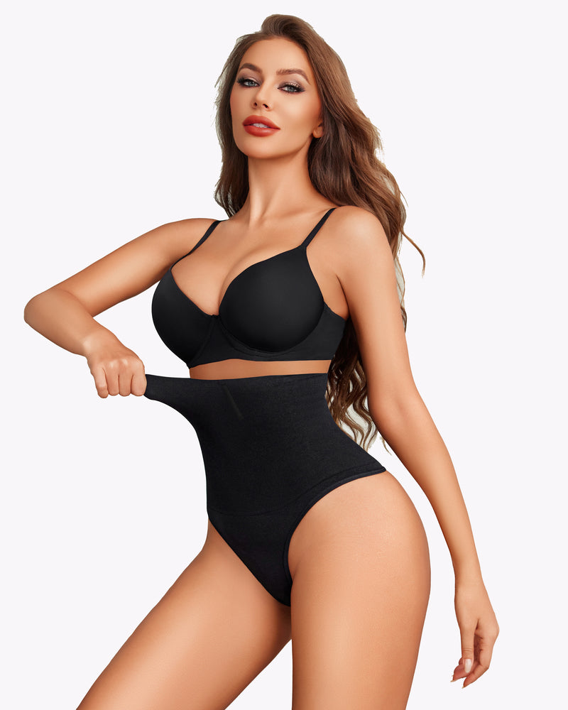 Black tummy control thong shapewear with high-waist smoothing panel