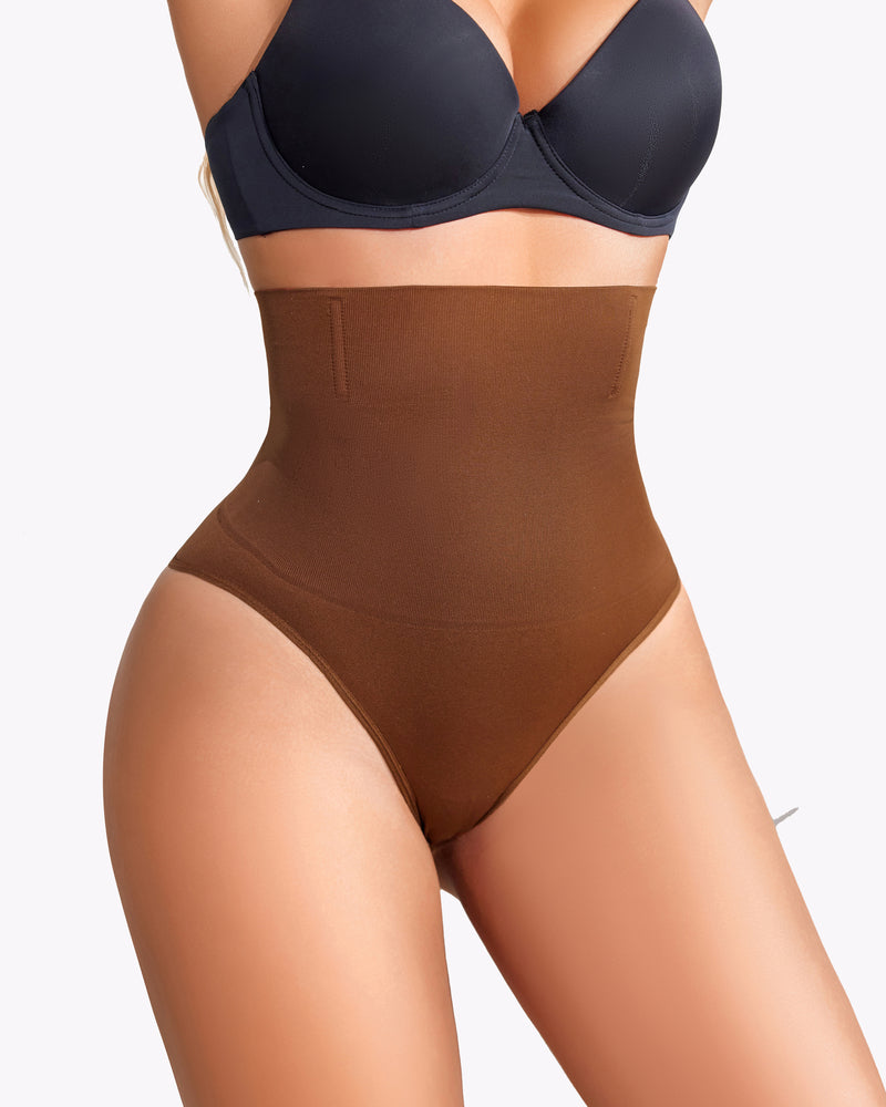 Coffee-brown high-waist shaping thong with seamless finish