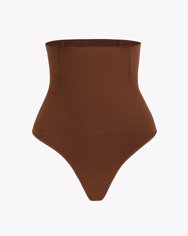 Coffee-brown high-waist shaping thong with smooth front