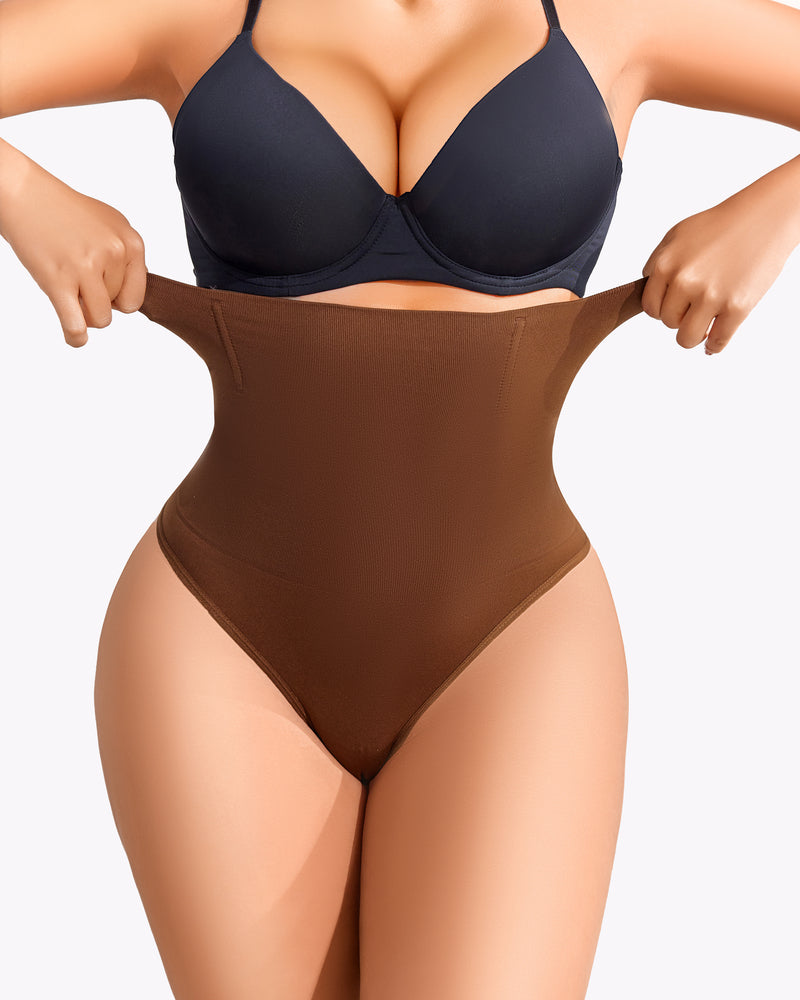 Coffee-brown shaping thong with smooth high-rise waistband