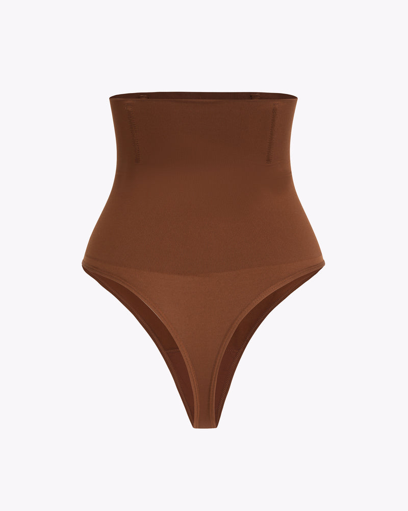 Brown tummy control thong shapewear with smooth high-waist shaping panel