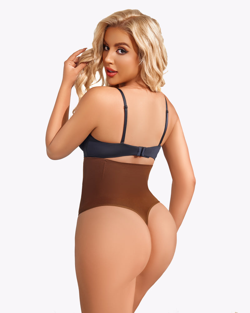 Coffee-brown high-waist shaping thong, full back coverage