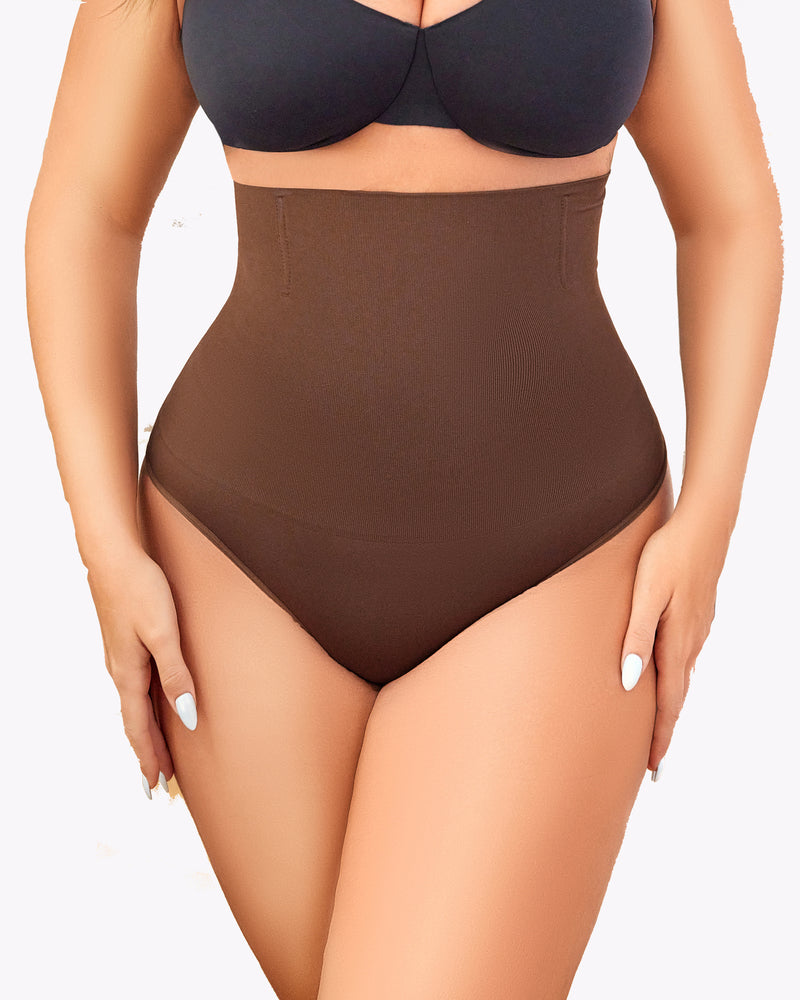 Coffee-brown shaping thong with smooth front and full-coverage legs