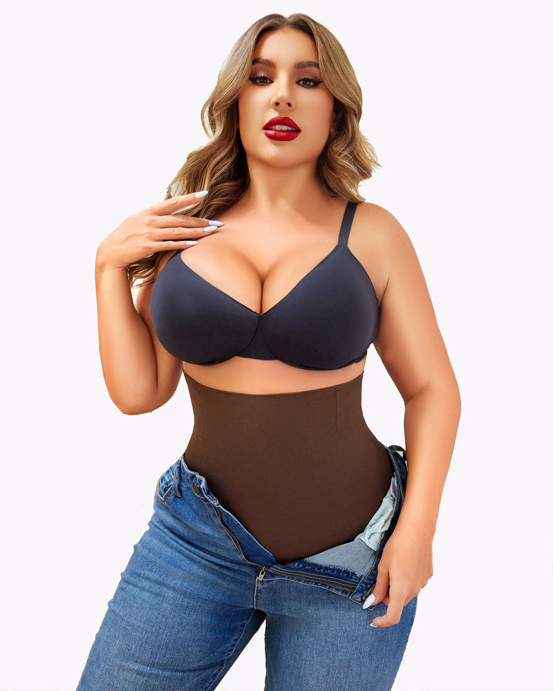 Coffee-brown tummy-control thong with seamless high waist