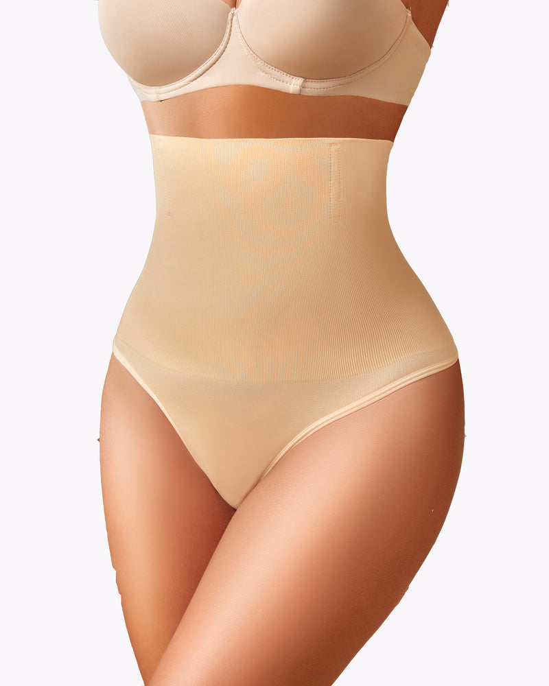 Beige high-waist tummy control thong shapewear