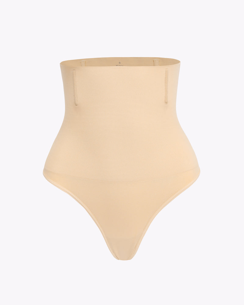 Light beige tummy control thong shapewear, smooth high-waist panel