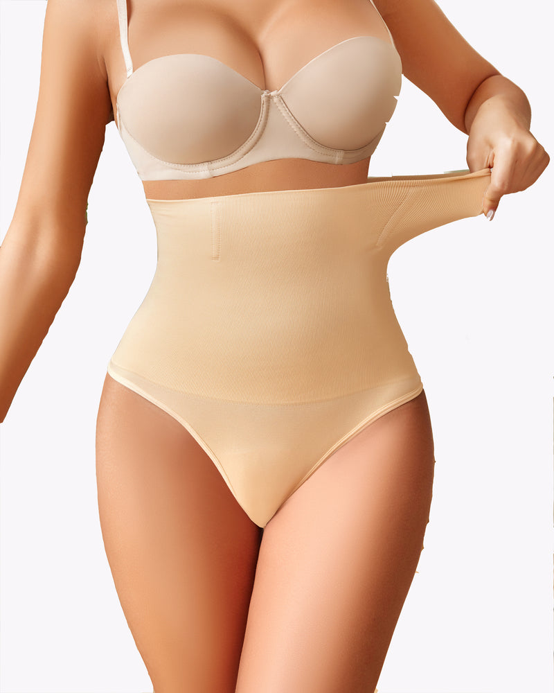 Beige tummy control thong shapewear with high-waist shaping panel