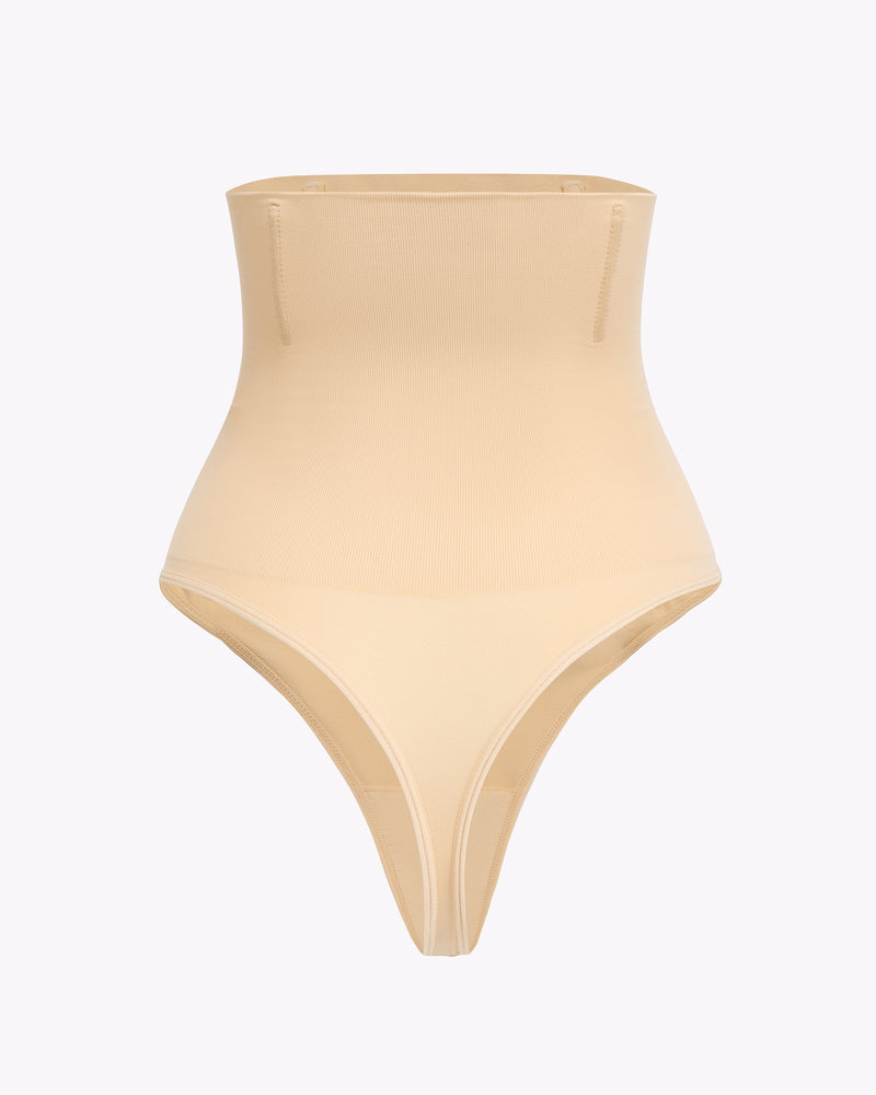 Tan tummy control thong shapewear, smooth high-waist shaping