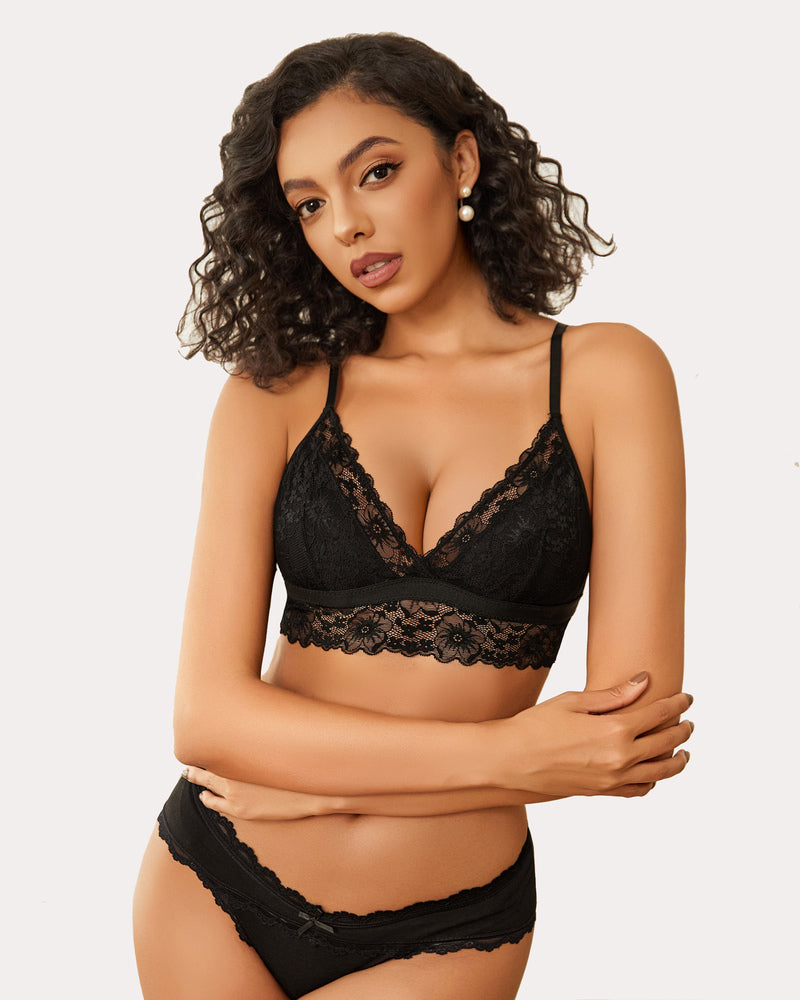 Black lace wireless non-padded bralette with spaghetti straps and floral lace cups