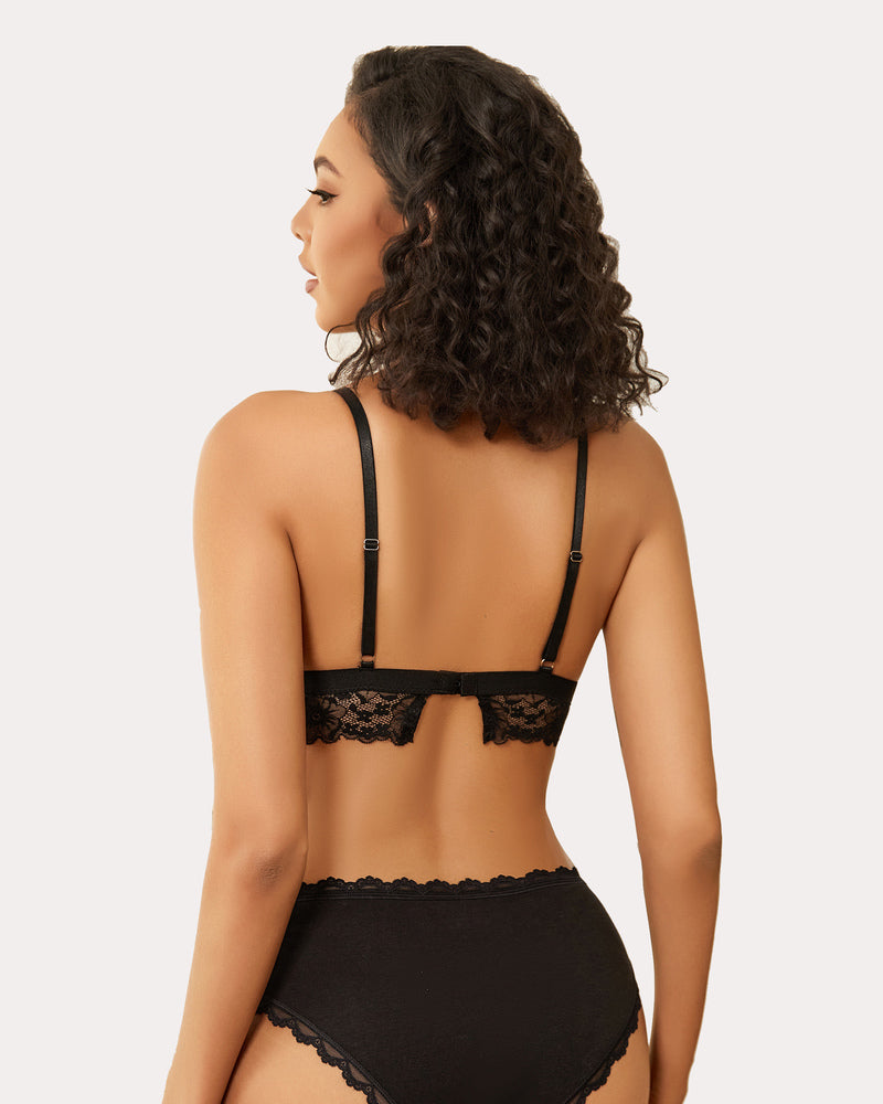 Black lace wireless non-padded bralette with lace back panel and racer-back straps