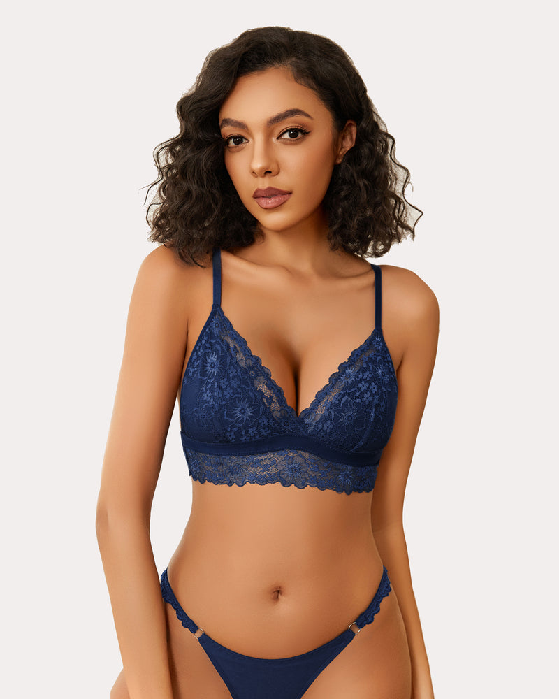 Blue lace wireless non-padded bralette with V-neck scalloped lace hem