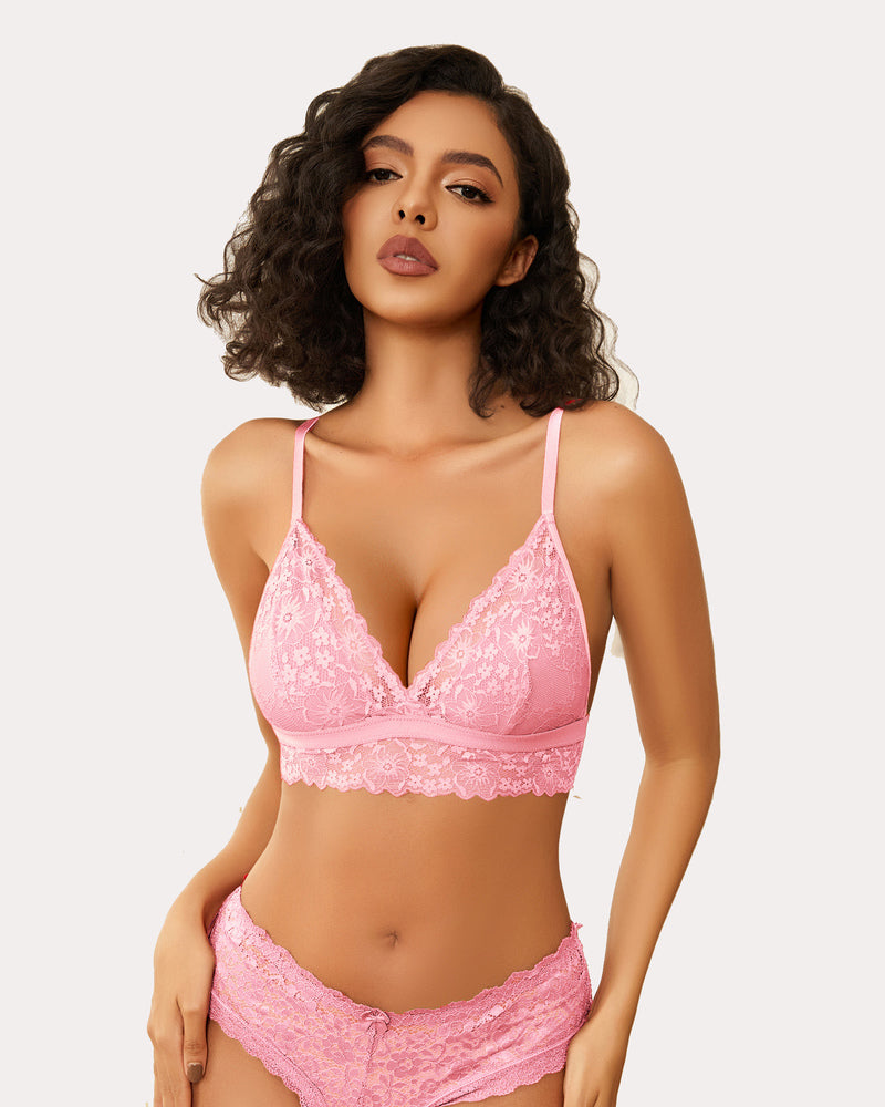 Pink lace wireless non-padded bralette with V-neck scalloped lace trim
