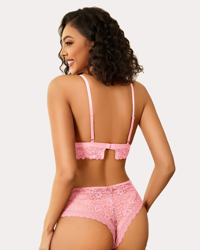 Pink lace wireless non-padded bralette with lace back panel and adjustable straps